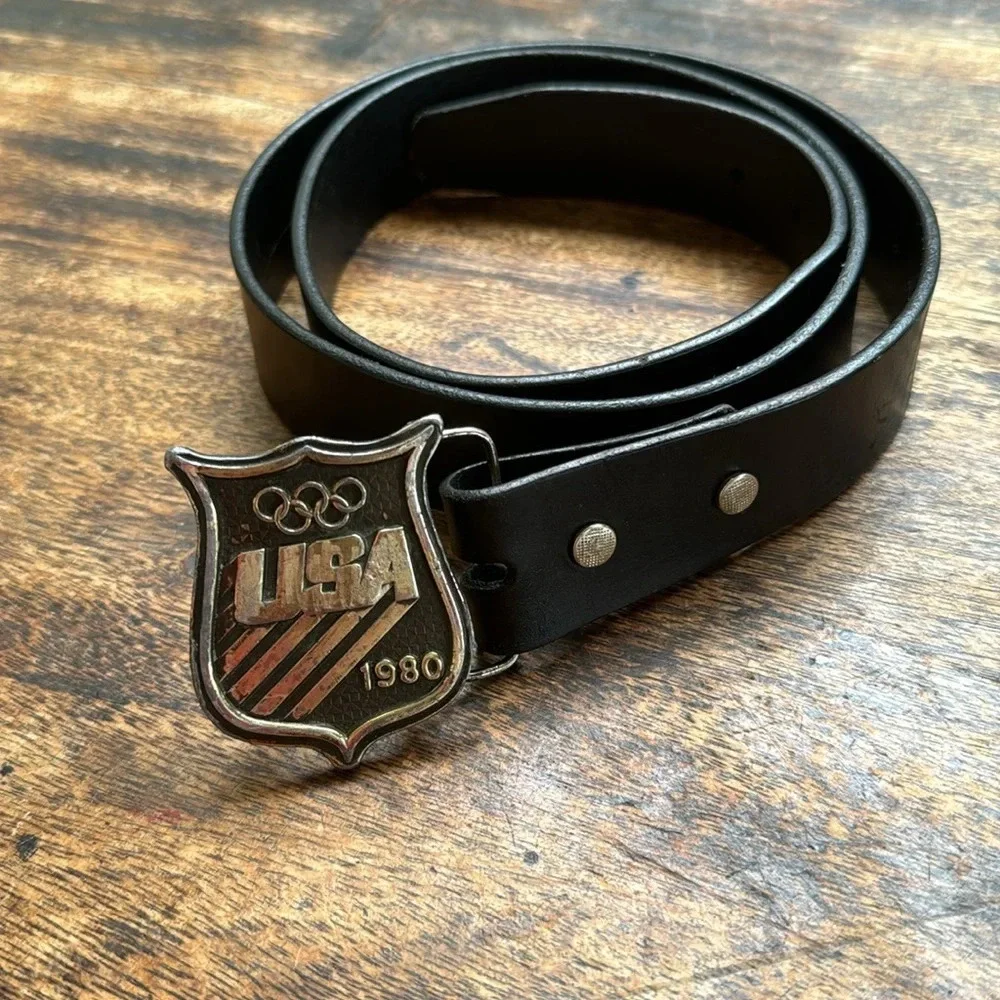 Vintage Solid Brass Belt Buckel 1980 Olympic with Snap-on Leather Belt sz 44